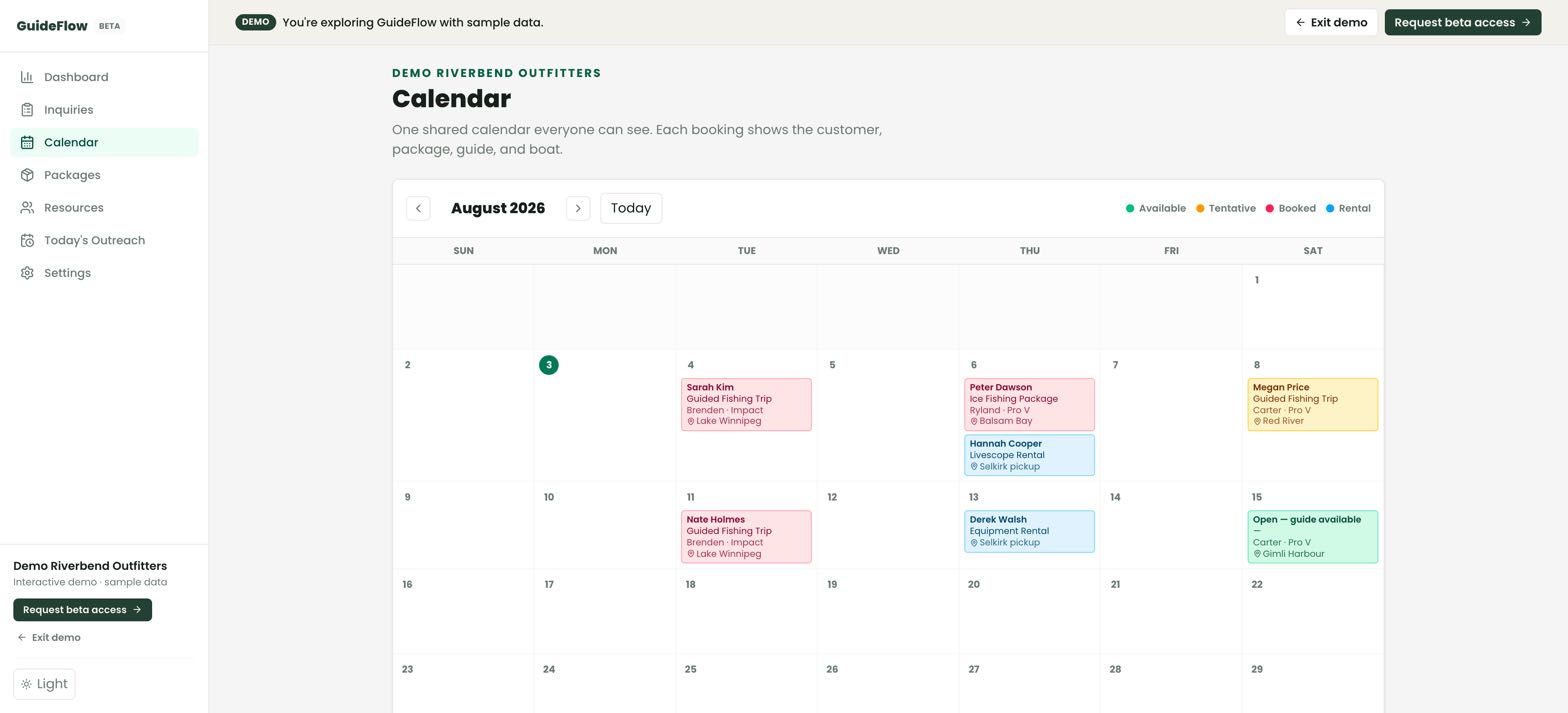The GuideFlow shared calendar with each booking showing its guide, boat, package, and water.