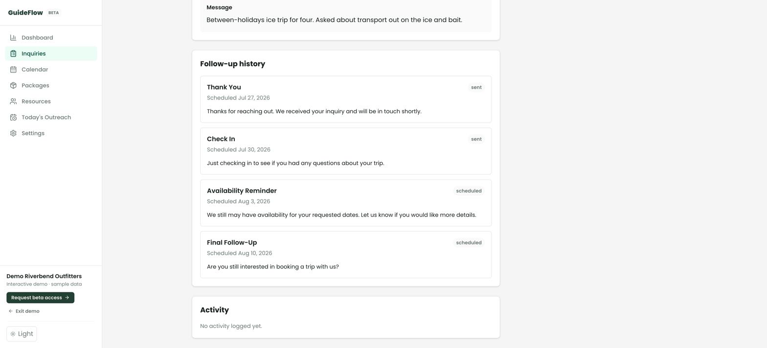 A GuideFlow follow-up history with two messages already sent and two more scheduled.
