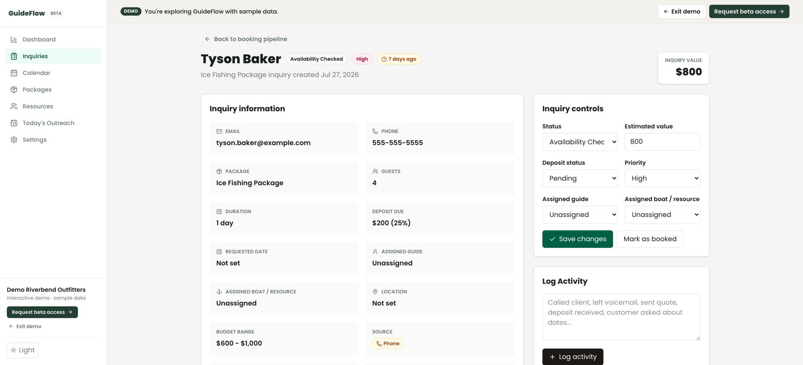 Inquiry controls in GuideFlow showing the status, priority, and assigned guide and boat for a single trip inquiry.